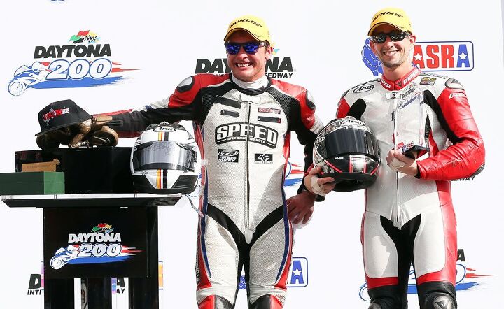 the 2015 daytona 200 should you care, Danny Eslick left eked out a narrow victory over polesitter Geoff May right in the 2015 edition of the Daytona 200 Note the dearth of sponsor patches on their leathers