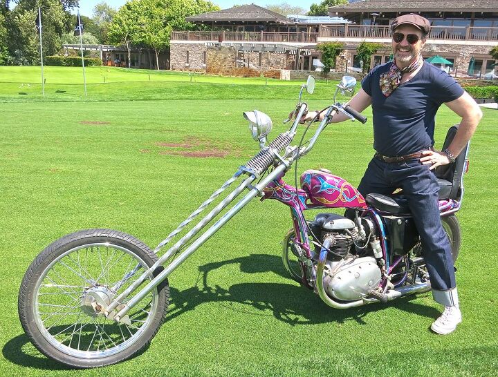 the quail motorcycle gathering 2015 report, Master of Ceremonies fashion maven and chopper book writer Paul d Orleans honors the memory of Hunter Thompson on a BSA