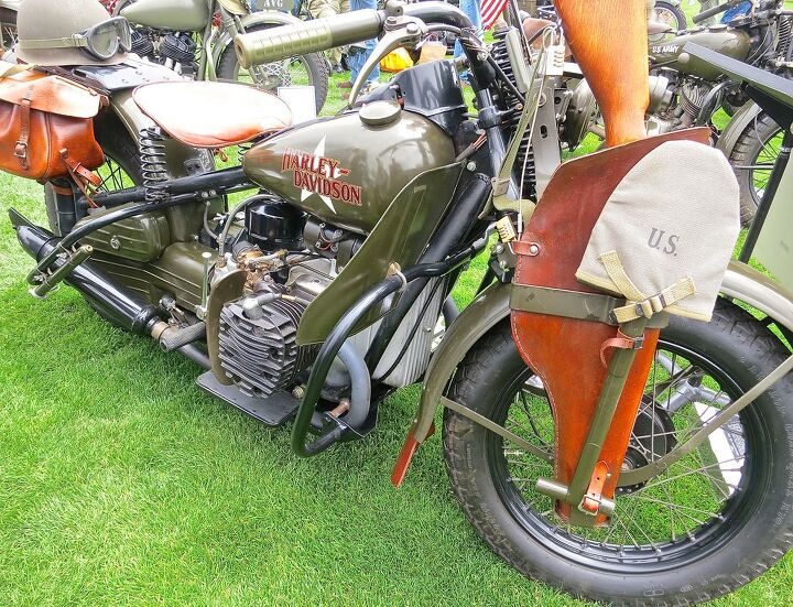 the quail motorcycle gathering 2015 report, Dennis Gill s 750cc BMW style XA Harley Davidson is one of the thousands of military models built during the war Lower production costs favored the V Twin