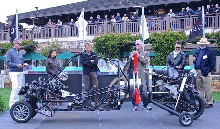 the quail motorcycle gathering 2015 report, Deszo Molnar accepts the Innovation award from Craig Vetter for his own creation the Molnar G2 A flying motorcycle and object of the day s most asked question What the hell is that The training wheels retract