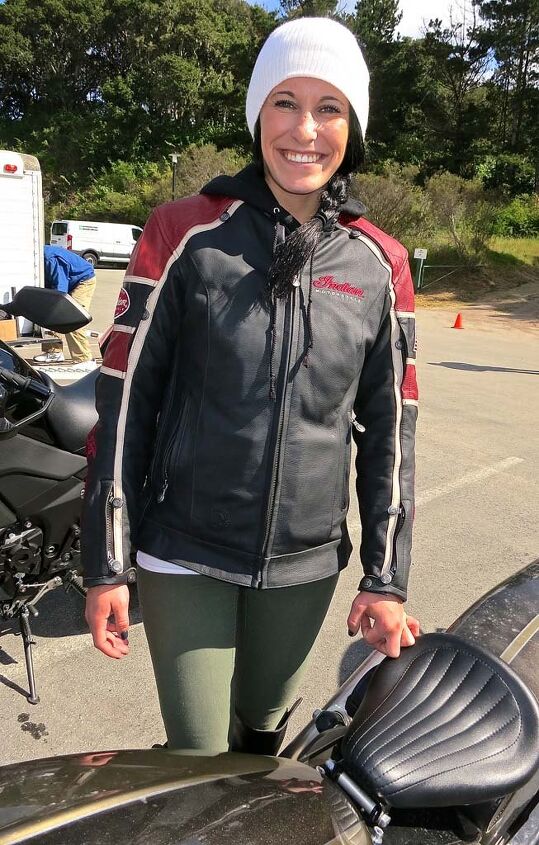 the quail motorcycle gathering 2015 report, Karlee Cobb of Klock Werks Kustom Cycles rides an Indian Scout and lists her job titles as Admin Customer Service Racer