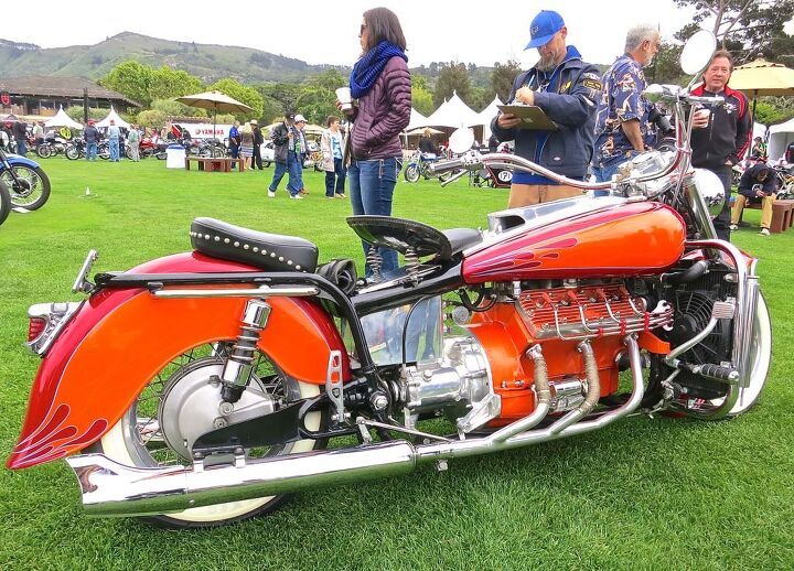 the quail motorcycle gathering 2015 report, John Handy s Moto Guzzi Ford flathead hybrid was entered in the Custom Modified class inspected here by judge Clay Murphy