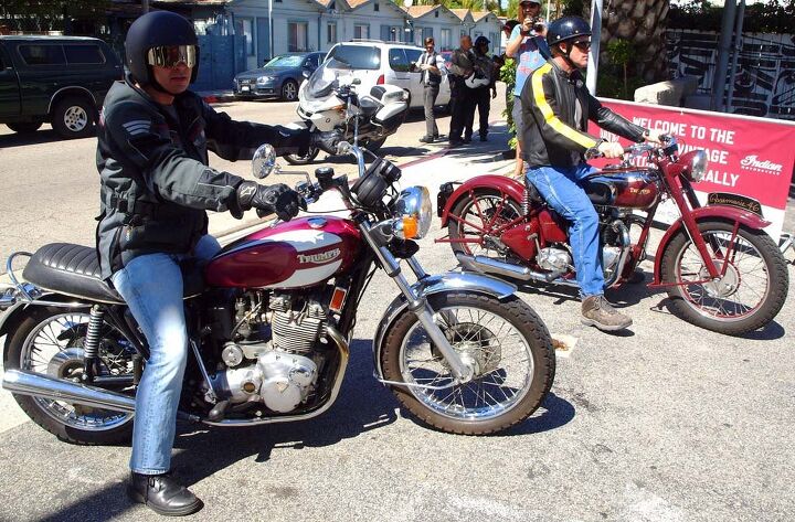 2015 venice vintage motorcycle rally report, Best Pair of Triumphs with One Named Rosemarie This pair of riders arrived on a last year of production 1975 750cc three cylinder Trident T160V and a 1946 hardtail 500cc Speed Twin a classic superstar of the British marque