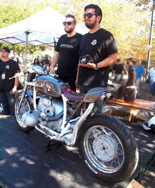 2015 venice vintage motorcycle rally report, The Spirit Lake team of Brian Sloma and Ken Chan receive trophy for VVMC Best Caf Racer The guys live in their shop so actually embody the live breathe eat sleep dream motorcycle mantra
