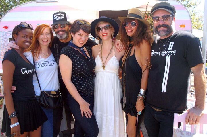 2015 venice vintage motorcycle rally report, Dressing for Vintage Success left to right Bihou Jenna Christopher Ginger Kallah Maguire Kim and Russ gather in front of Kallah s 1964 Jet trailer that serves as her mobile vintage fashion boutique Russ far right an IT guy by profession races vintage bikes including the Isle of Man TT event