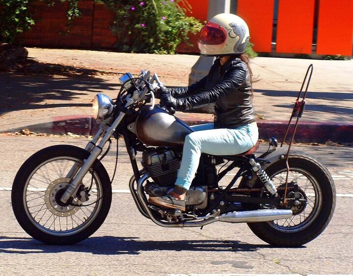 2015 venice vintage motorcycle rally report, Paul s Pick Best Lady Rider on Honda Rebel Chopper with Sissybar and Bubble Snake Graphic Helmet