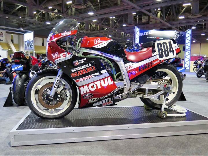 international motorcycle show long beach 2015, Satoshi Kamikaze Boy Tsujimoto raced this one in 1986 with teammate Kevin Schwantz Suzuki s new GSX R1000 will be here for 2017 Could be good