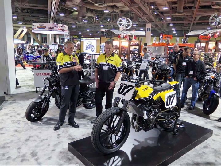 international motorcycle show long beach 2015, Meanwhile in the Yamaha Deparment Race Director Keith McCarty custom builder Jeff Palhegyi and the FZ 07 based flat tracker prototype