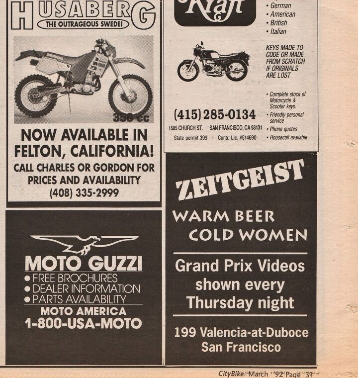 motorcycle places zeitgeist, This is the first Zeitgeist ad in CityBike San Francisco s iconic free motorcycle magazine from March of 1993 Apparently this was too inviting as the current ad warns No Motorcycles No Beer No Women Stay Away