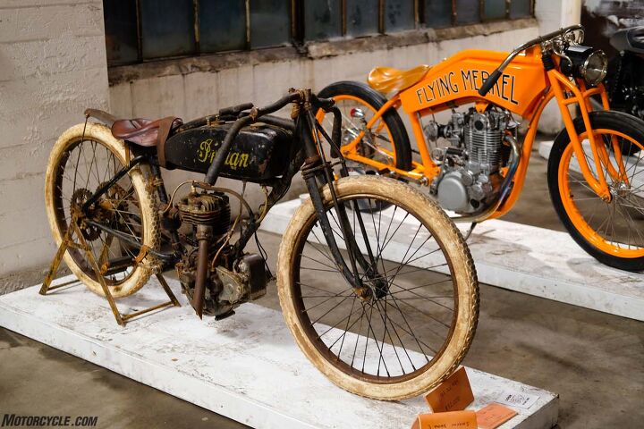 the one motorcycle show 2017 report, Decades of patina on the 1928 Indian in the foreground with a Flying Merkel board tracker tribute built around a single cylinder engine from a Yamaha XT500 behind
