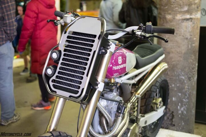 the one motorcycle show 2017 report, Finding new ways to stash big parts MotoMucci s radiator and headlight grill