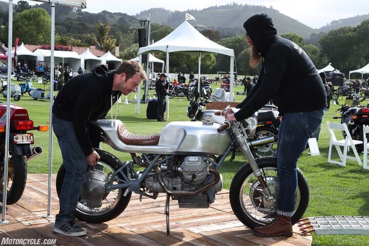 the ninth annual quail motorcycle gathering, Morning prep placing a Moto Guzzi custom into its proper place