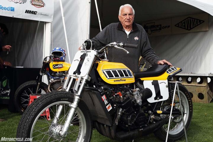the ninth annual quail motorcycle gathering, The infamous Yamaha TZ750 flat tracker ridden by Legend of the Sport Kenny Roberts with original owner Ray Abrams of A A Racing