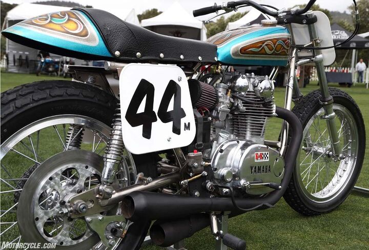 the ninth annual quail motorcycle gathering, A Yamaha XS650 based flat tracker complete with psychedelic 1970s paintwork