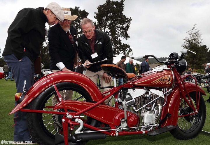 the ninth annual quail motorcycle gathering, A covey of Quail judges scrutinizing an Indian Chief