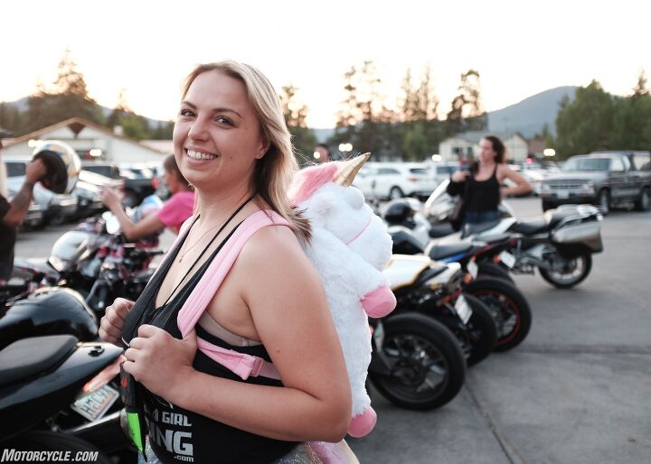 women s sportbike rally west report, Kiona Bell traded in her one piece race suit for a unicorn on the Costume Parade Lap