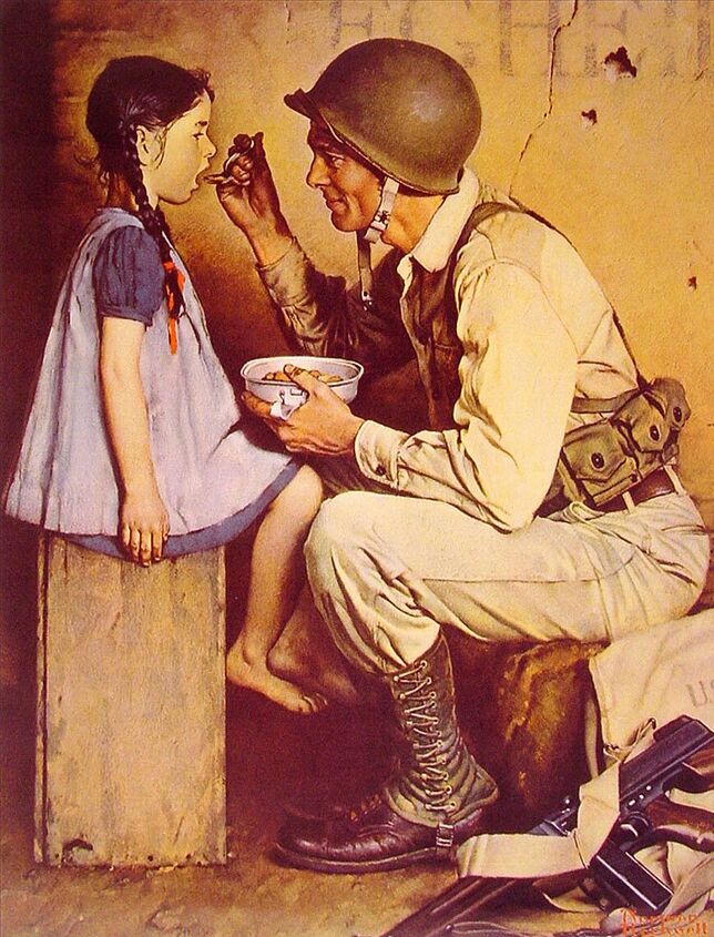 winning the peace, This classic Norman Rockwell illustration titled The American Way depicts a GI feeding a child out of his mess kit On the floor is his Thompson submachine gun
