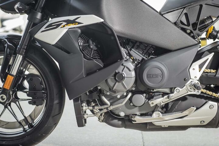 2015 ebr 1190sx first ride review, The 1190cc 72 degree V Twin is a torque lover s dream However the cooling fans on either side will blow heat right towards your knees Nice on cool rides not so pleasant otherwise