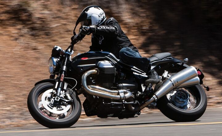 2014 moto guzzi griso 8v se review, Oh my god Becky look at those pipes Seven inches in circumference befits the Griso s brutish persona The wide seat is comfy for both rider and passenger