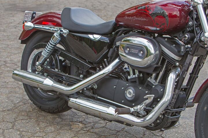 2015 harley davidson sportster 1200 custom review, Skulls and bare bones 1202cc 45 degree air cooled V Twin in a twin tube steel frame