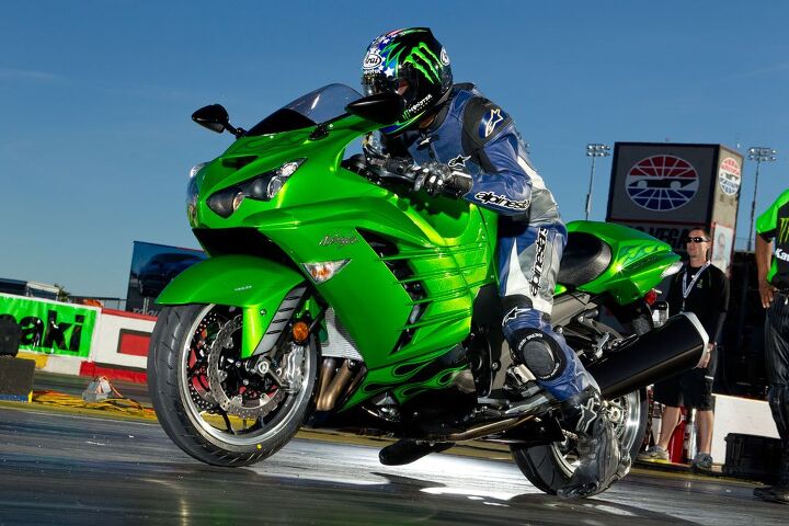 duke s den superbike vs supercar again, We ran a 9 69 second ET on a bone stock Kawasaki ZX 14R during a 100 degree day at the strip Corrected for weather conditions it translated to a 9 35 second run