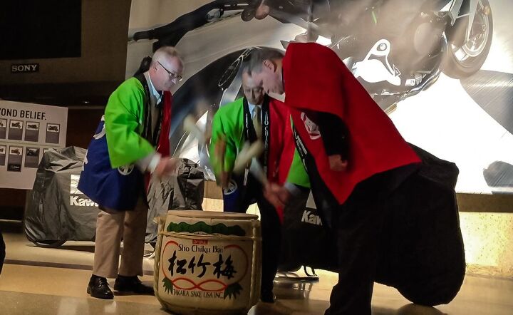 2015 kawasaki ninja h2 u s unveiling, The evening featured a sake barrel breaking ceremony which is used to bring good luck Taking part are KMC COO Richard Beattie left and Kawasaki Motors Corp USA CEO Masafumi Nakagawa center