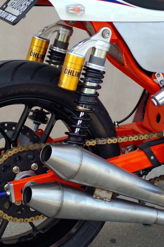 south bay triumph triumph performance usa feature, A pair of Ohlins shocks are worth their weight in golden handling Custom megaphones are perfect trumpets for the SBT Tracker