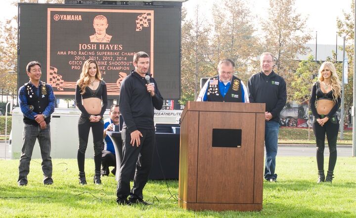 yamaha star touring and riding association and racers gather for charity and, Four time AMA Superbike Champion Josh Hayes discusses his race face on the plaque