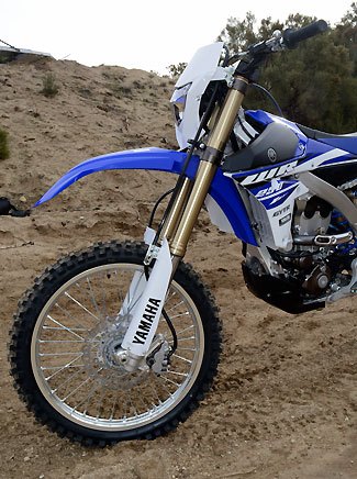 2015 yamaha wr250f first ride review, The WR s KYB Speed Sensitive System inverted fork features lighter springs and valving that is more suitable for rolling over rocks than blasting berms