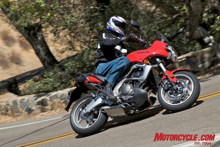 church of mo 2008 kawasaki versys first ride, The Versys peels into corners easily thanks in part to its handlebar that is wide and located fairly high Note the unobtrusive muffler residing under the engine