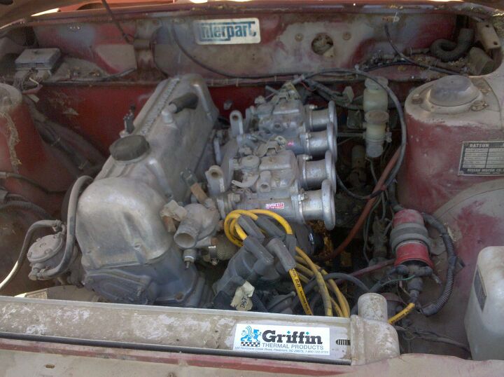 trizzle s take when cars and bikes collide, The engine bay of my personal Datsun 510 Pardon the dirt and grime I know she s a mess under the hood Anyway those sidedraft Mikuni carbs They were pretty trick 30 years ago