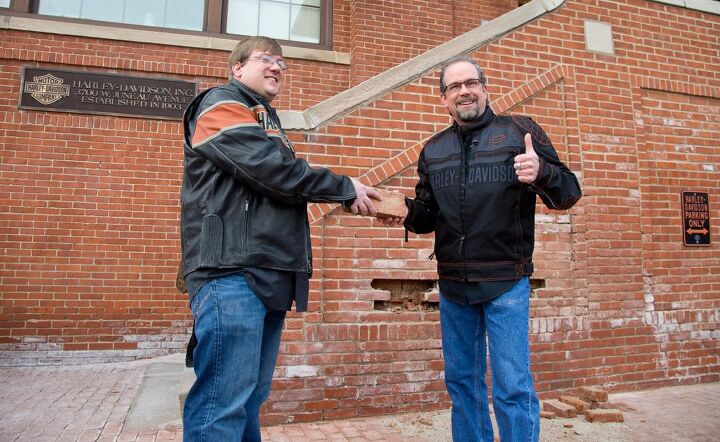 harley davidson to become official sturgis motorcycle, Bill Davidson great grandson of company co founder William A Davidson right hands a brick to Sturgis S D Mayor Mark Carstensen after its removal from the historic Milwaukee headquarters