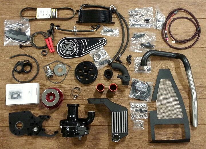 lloydz motor workz supercharged victory cross country review, Here are all the parts you get with the kit Note the black powdercoated finish on the redesigned intercooler and supercharger