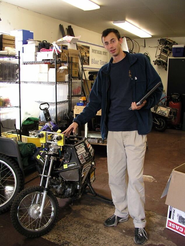 skidmarks squished, U C Berkeley student Levandowsky in 2005 with his creation Photo by Gabe Ets Hokin
