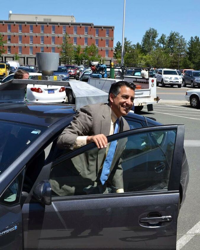 skidmarks squished, Nevada Governor Brian Sandoval after a trip in a self driving car in 2012 Nevada was the first state to license self driving cars on the provision that the car buys 15 worth of keno tickets Photo by Tom Jacobs
