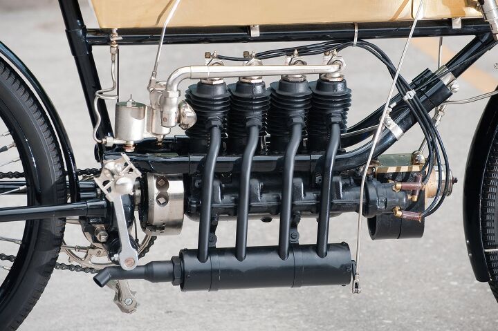 the history of four cylinder motorcycle engines in america, The four cylinders were petite all four totaling 363cc and producing 3 hp The bevel drive to the rear wheel via driveshaft is visible