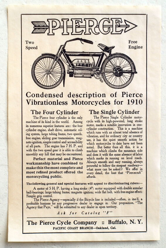 the history of four cylinder motorcycle engines in america, A 1910 ad for both Pierce single and four cylinder machines