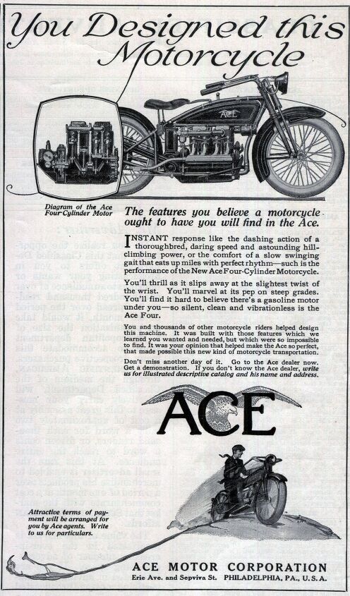 the history of four cylinder motorcycle engines in america, 1922 Ace Ad