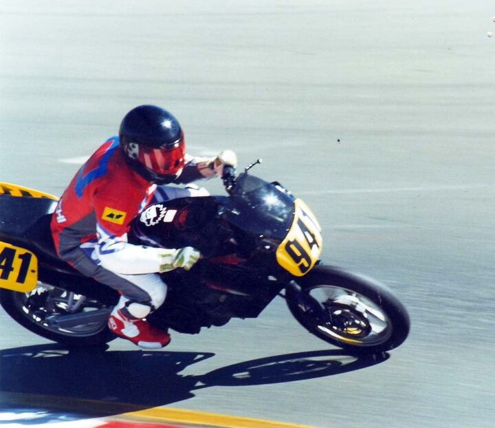 skidmarks slow bikes fast, Author not showing good form in one of his first races Sonoma Raceway c 1994