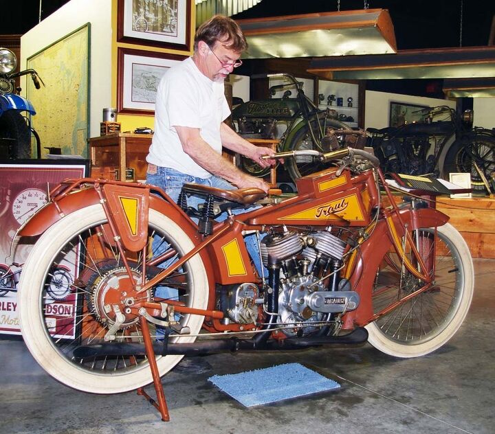 discovering dragon s teeth, Dale Walksler tidies his pride and joy the Traub a stand out amongst his incredible collection of American motorcycles at his Wheels Through Time Museum in Maggie Valley CA