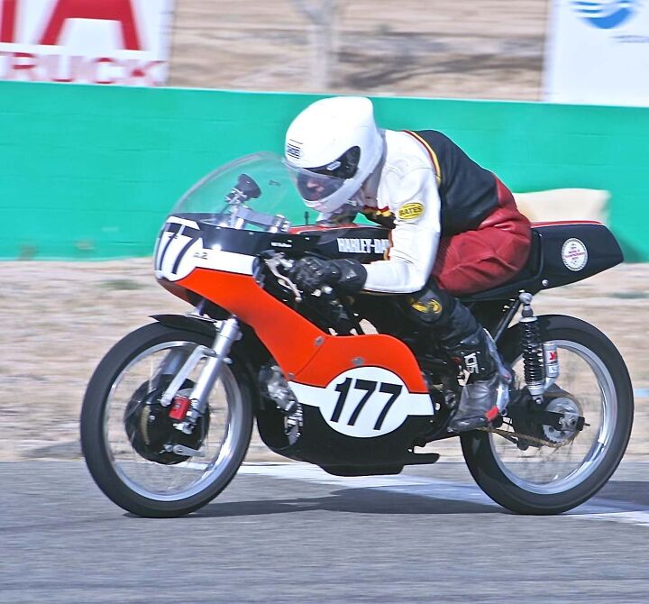 20th annual corsa motoclassica report, Walt Fulton from the Streetmasters school rode a Harley Aermacchi Sprint to a race win