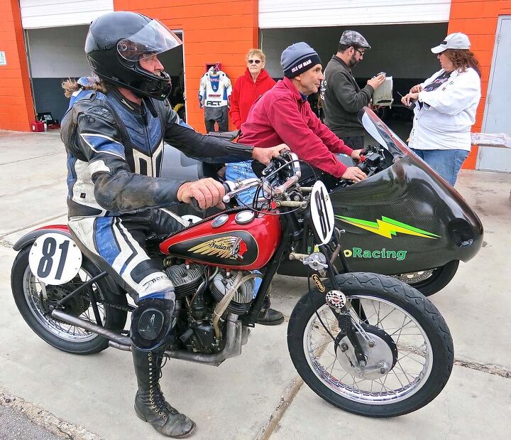 20th annual corsa motoclassica report, AHRMA tech inspection where past present and future come together Ralph Wessell of Florida on his Indian had the only entry in the Class C Handshift class