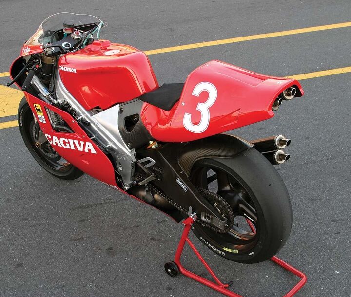 tested cagiva v593 500cc grand prix racer, The carbon fiber swingarm is reputed to have cost 100 000 to build in 1994