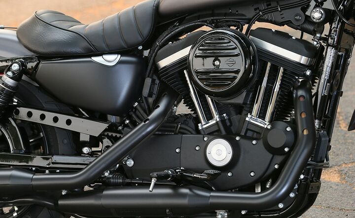 2016 harley davidson dark custom iron 883 and forty eight first ride review, With the exception of the round air cleaner and the satin black exhaust system the Iron 883 s engine remains the same