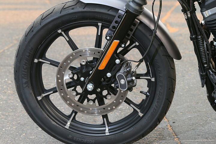 2016 harley davidson dark custom iron 883 and forty eight first ride review, The front disc grew 4mm to 300mm and became a floating unit there was no perceptible difference in braking power