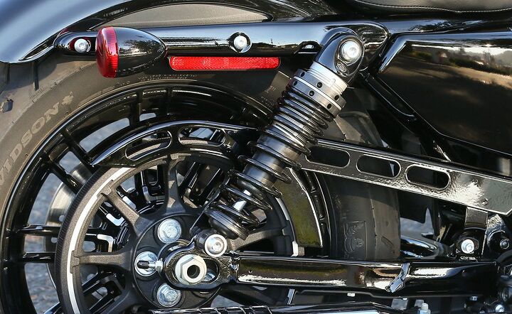 2016 harley davidson dark custom iron 883 and forty eight first ride review, The Sportster line s new shocks both look and perform much better Too bad they weren t made a little longer to increase ride height and expand cornering clearance
