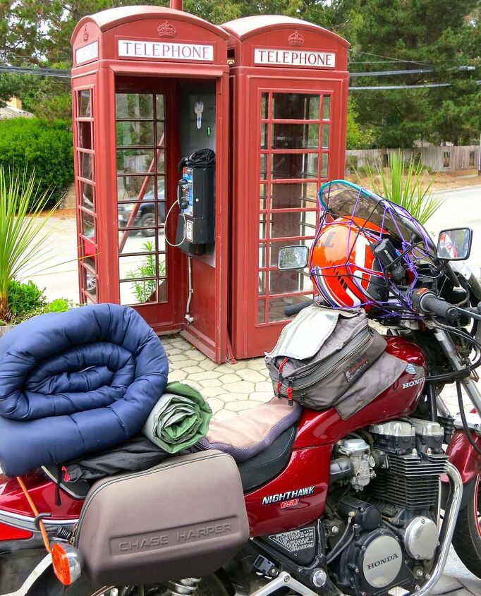photographing motorcycles parked in front of places, When you have remembered to pack everything but your cell phone charger and have to call home But that was a clever way to carry the video cam helmet wasn t it