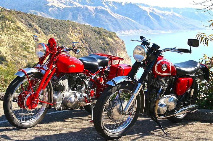 photographing motorcycles parked in front of places, The mechanicals of old British motorcycles all but guarantee a swell portrait The Vincent and Norton stand in stately repose and the panorama of the Big Sur coastline doesn t hurt either
