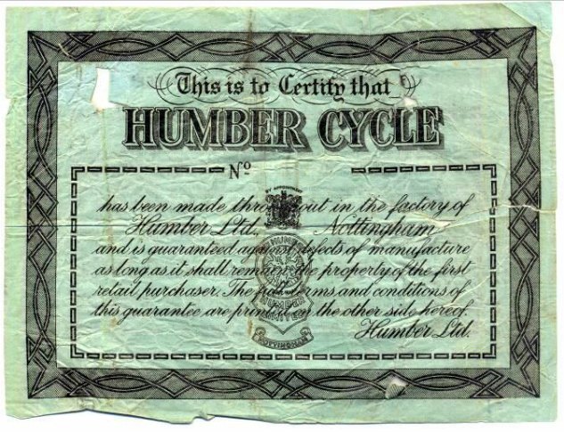 retrospective 1922 humber cycle, This original Humber Guaranty Certificate might be the only one still in existence an interesting scrap of history owned by the author of this article