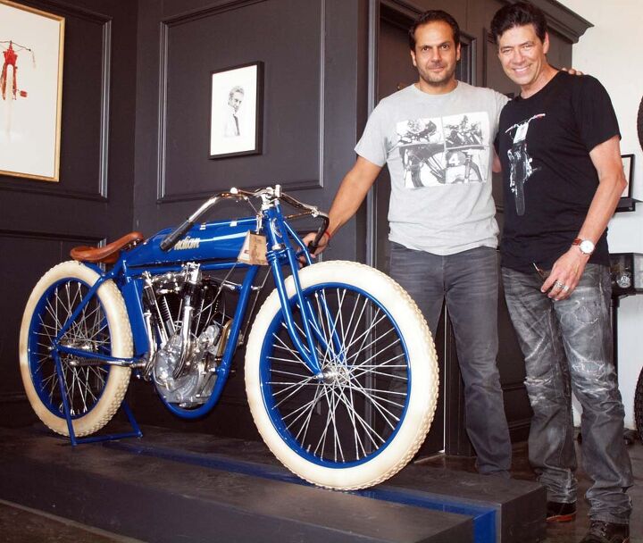 heroes motorcycles serge bueno s homage to history, In 2007 when the French motorcycle museum closed its doors Serge took home three bikes one being this very rare 1914 Hendee Indian He s seen here with the bike s new owner Bobby Haas from Dallas who had just ridden to the shop on a Harley sidecar rig